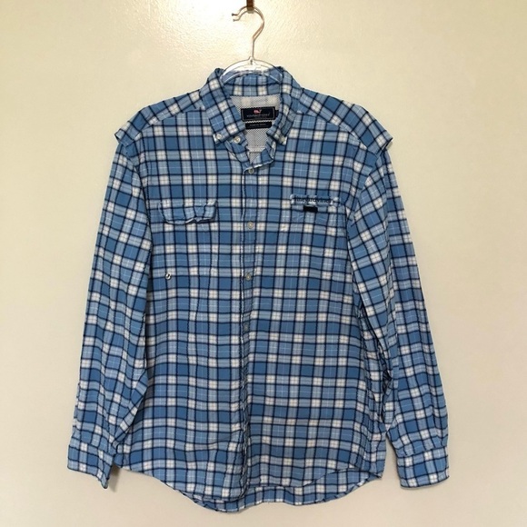Vineyard Vines Harbor Shirt Button Down Performance Fishing Blue Plaid Medium - Picture 1 of 7